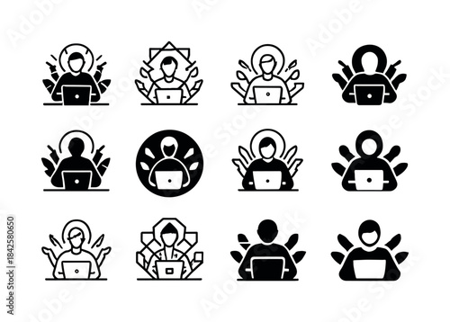 Multitasking Icons Grid. Multitasking professionals working on l