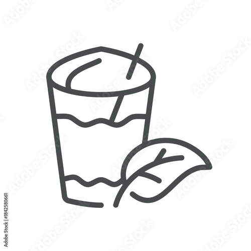 Plant Milk Iced Drink Icon. Thin Line Illustration of an Iced Beverage with Straw and Leaf, Symbolizing Dairy Free Plant Based Milk Drinks, Refreshing Summer Latte and Vegan Beverage. Isolated Outline