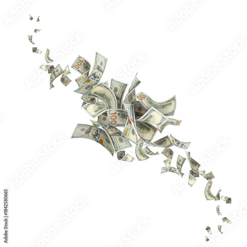 Flying hundred dollar bills, isolated on transparent cutout background