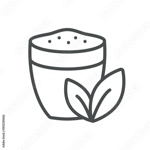 Plant Milk Matcha Icon. Thin Line Illustration of a Cup of Matcha Latte with Plant Leaves, Symbolizing Dairy Free Matcha Beverage, Green Tea Latte and Vegan Wellness Drink. Isolated Outline Vector Sig