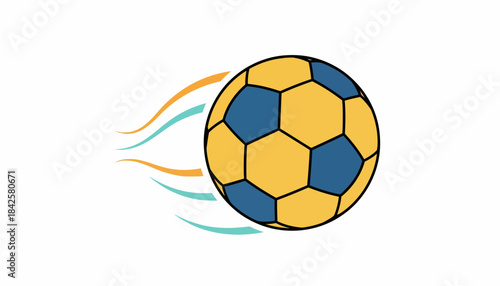 A vibrant soccer ball featuring contrasting hexagonal and pentagonal panels captured midair with a trailing motion effect.