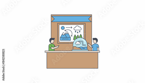 A science fair booth illustrating the water cycle complete with a small interactive evaporation and condensation model.