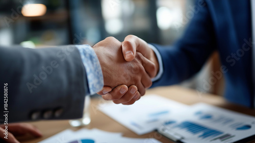 Faceless professional business handshake during financial consultation with advisor, partnership agreement at meeting table with charts and documents, business deal completion, defocused hands