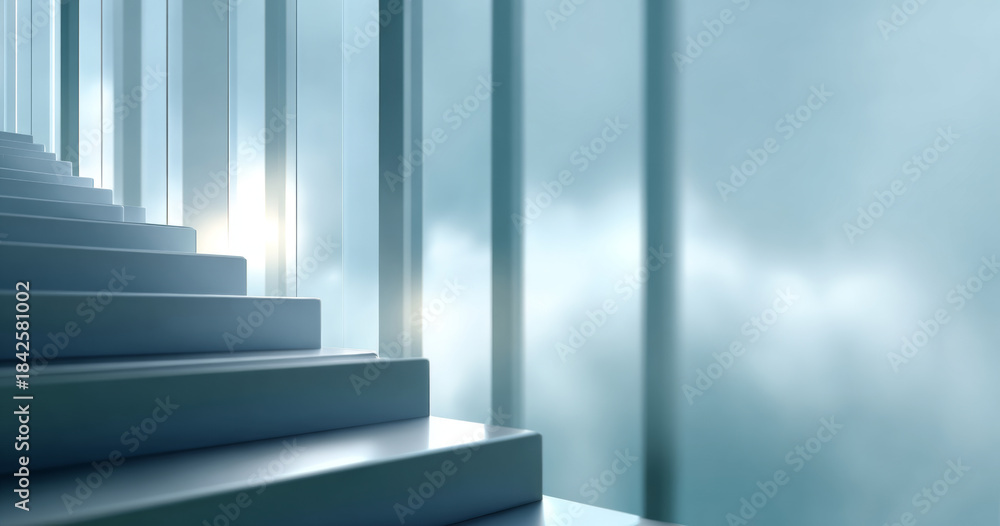 Fototapeta premium Modern staircase ascending alongside large frosted glass with soft natural light and misty outdoor view creating a serene architectural atmosphere