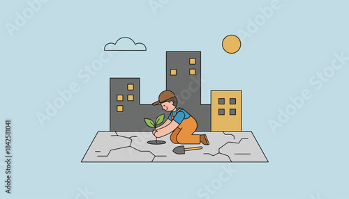 A child planting a small tree in a concrete urban setting highlighting the importance of personal action in combating climate change.