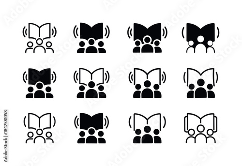 Reading Aloud Icons. Reading aloud to students. Icon set. Set Lo