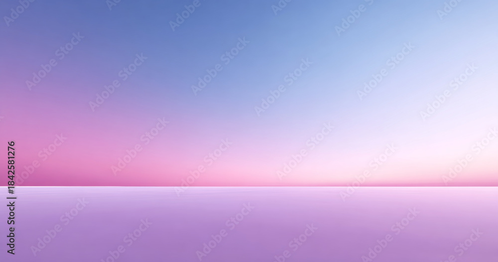Obraz premium Minimalist horizon with smooth reflective surface under soft gradient sky blending pink and blue tones at dawn or dusk