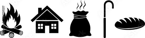 Basic needs and provisions survival icons set white background Vector