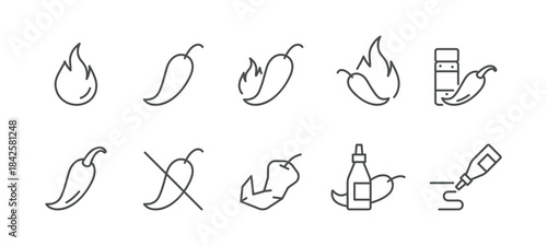 Hot Sauce and Chili Pepper Icons Set. Spicy, No Spice, Flame, Broken Pepper, Bottle and Squeeze Drip for Warning and Menu Marking. Linear Vector Pack.