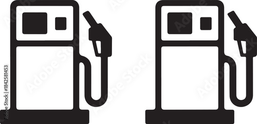 Two black and white gas pumps with fuel nozzles and digital display outline