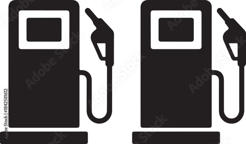 Two black and white gas pumps with fuel nozzles and rectangular screens