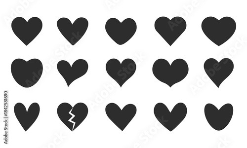 Set of hearts of different shapes. Collection of black simple icons of hearts