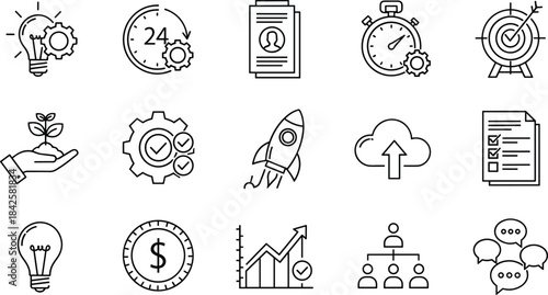 Collection of business growth icons showing innovation, productivity, success targets, startup launch, cloud upload, teamwork, finance, planning and communication