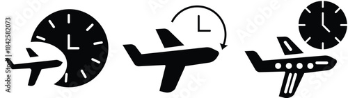 Airplane time icon. Flight Schedule icon. Flight and clock symbol. Airplane and clock icon. plane with a clock indicating travel time on Transparent Background
