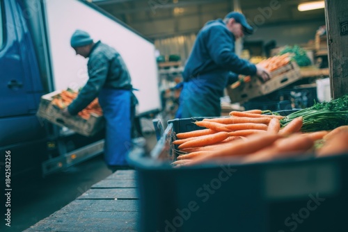 Delivery Truck Unloading Vegetables and Fruits