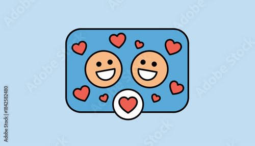 A joyful illustration of a video call end screen showing two smiling faces with hearts around them suggesting a successful connection.