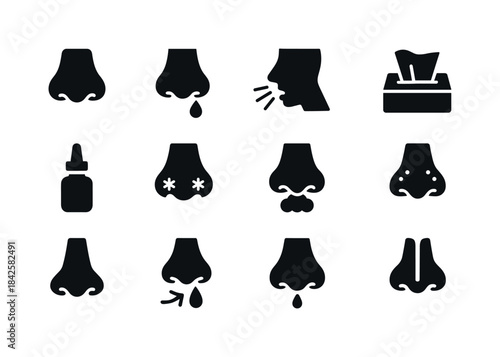 Nasal Icons Set. Nasal symptoms. Solid icon set of Nasal symptom