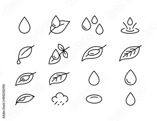 Raindrop Outline Icons. Rain drops on leaves. Line icon set of R