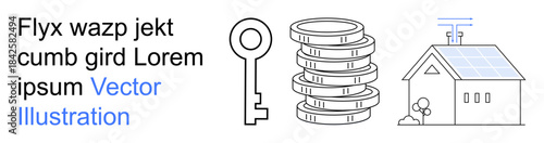 Security, finance, renewable energy, sustainability, home ownership, and technology. Minimalistic elements include a key, stack of coins and solar-powered house. Security and finance concept