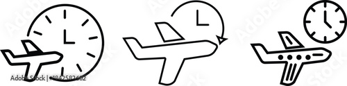 Airplane time icon. Flight Schedule icon. Flight and clock symbol. Airplane and clock icon. plane with a clock indicating travel time on Transparent Background
