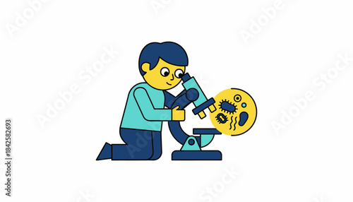 A child peering through a microscope lens captivated by the world of microorganisms displayed on the slide before them.