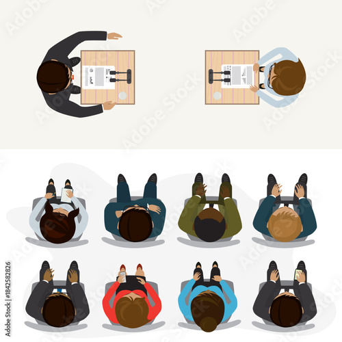 Open debates before vote. Cartoon leaders of opposing political parties conducting discussion on public debates.