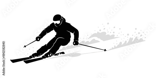 Dynamic black and white illustration of a skier in action.