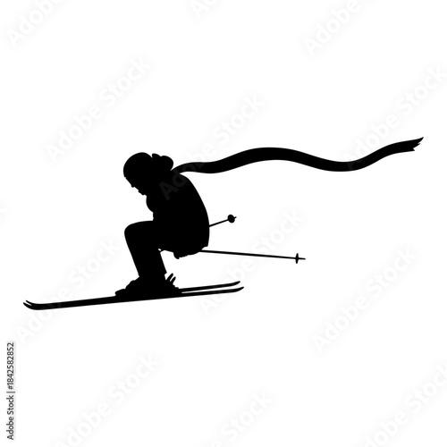 Dynamic Silhouette of a Skier Gliding Downhill with Scarf Flowing.