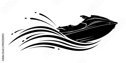 Dynamic Jet Ski Silhouette Riding Waves Vector Illustration.
