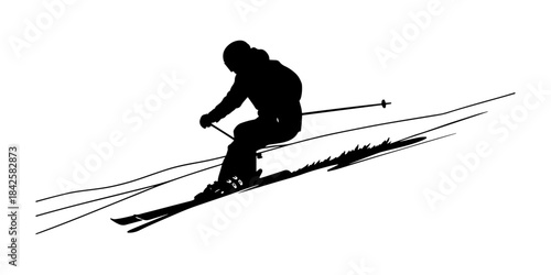 Dynamic silhouette of a skier descending a snowy mountain slope with speed.