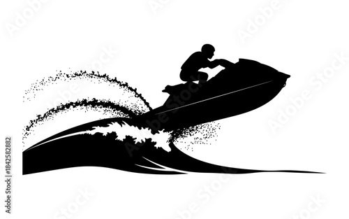 Dynamic silhouette of a person riding a jet ski on a wave.