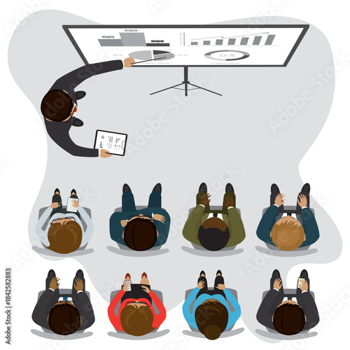 Cartoon businessman speaks at a presentation, audience is sitting. Board with signs. Top view, business process