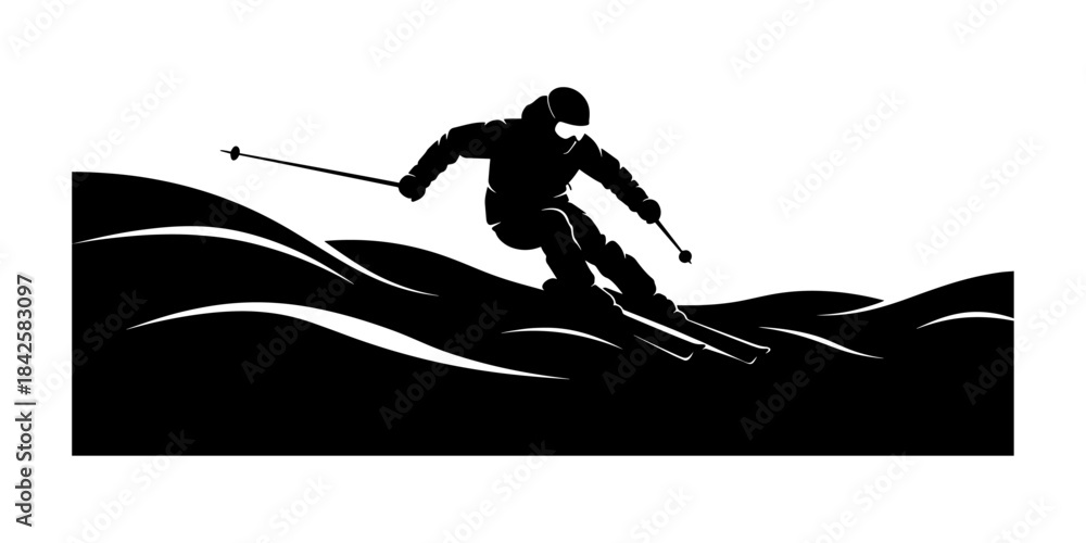 Fototapeta premium Dynamic Silhouette of Skier Descending Snow-Covered Slopes.