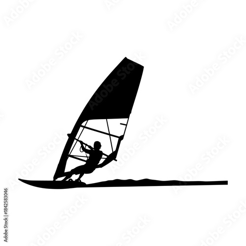 Dynamic Silhouette of a Windsurfer Gliding Across the Water.