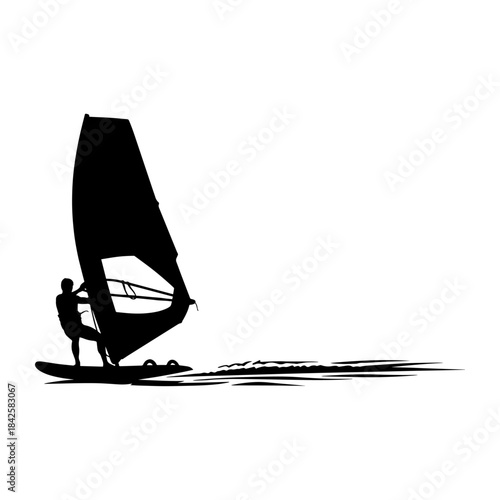 Dynamic silhouette of a windsurfer riding a wave with speed and agility.