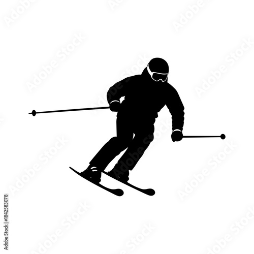 Dynamic Silhouette of Skier Gliding Downhill with Poles.