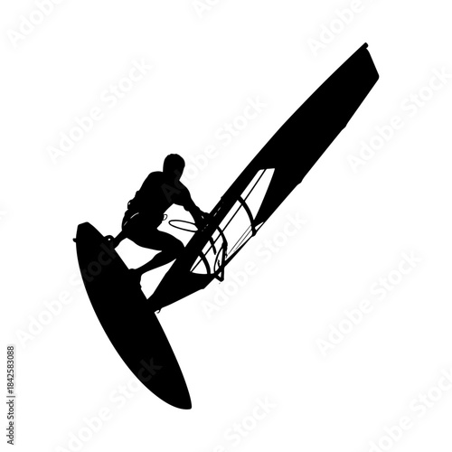 Dynamic silhouette of a windsurfer in action on the water.