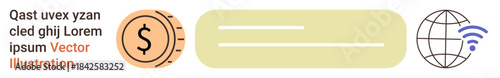 Financial technology, online transactions, global payments, networking, digital currency, connectivity. Coin icon, text placeholder and wireless-enabled globe symbol. Fintech and online transactions