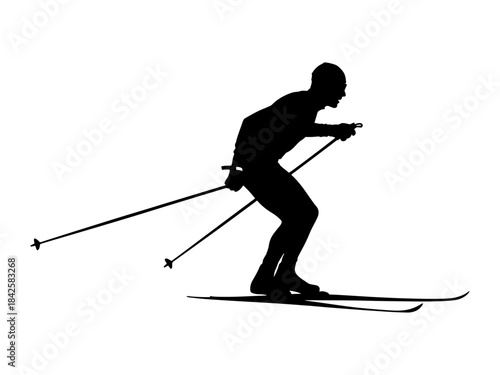 Silhouette of a cross-country skier in action, gliding across the snow with poles.