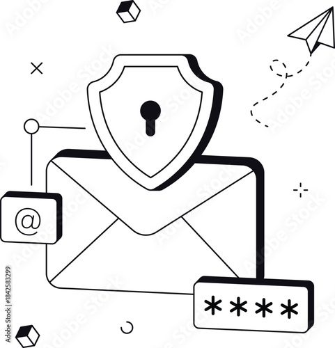Secure email communication with password shield protection isometric flat vector illustration