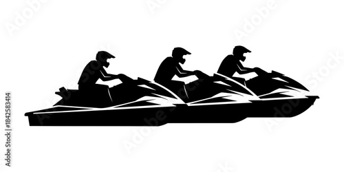 Three jet ski riders in a race, black and white silhouette.