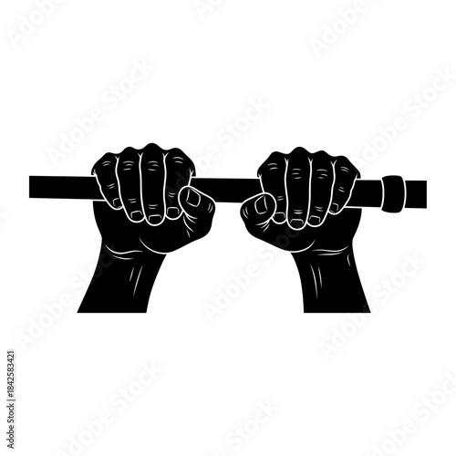 Strong hands gripping a bar in a powerful and determined black and white illustration.