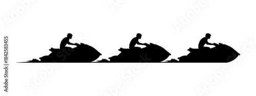 Three jet ski riders in silhouette, speeding across water, creating dynamic splashes.