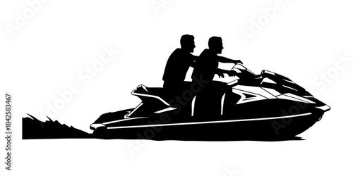 Two people riding a jet ski, creating a wake behind them.