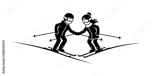 Two skiers holding hands, black and white illustration.