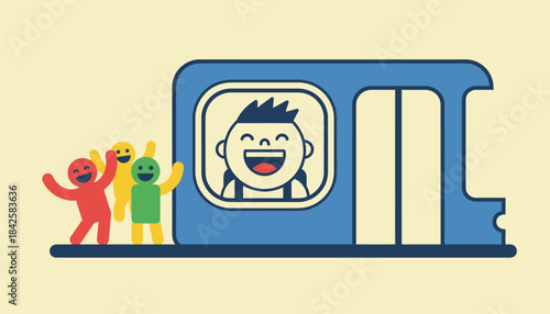 A student peeking out of the bus window with a wide grin as they watch their friends wave goodbye.