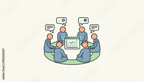 A team sitting in a circle engaged in a feedback session exchanging constructive comments while a digital device displays realtime performance statistics.