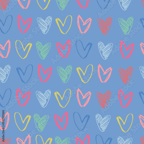 Seamless pattern with hand drawn hearts in Christmas and Valentines color combinations Floral Block Prints inspired by printmaking in Christmas color combinations