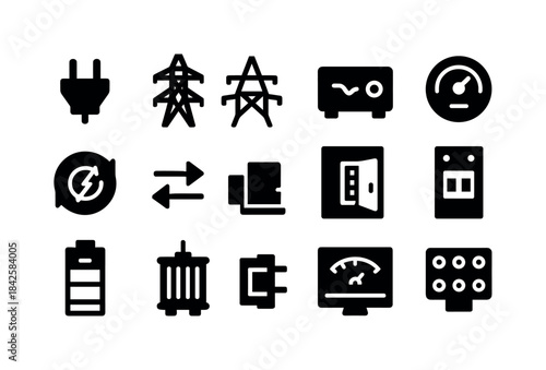 Grid System Icons. Grid-connected systems. Solid icon set of gri