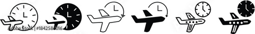 Airplane time icon. Flight Schedule icon. Flight and clock symbol. Airplane and clock icon. plane with a clock indicating travel time on Transparent Background
